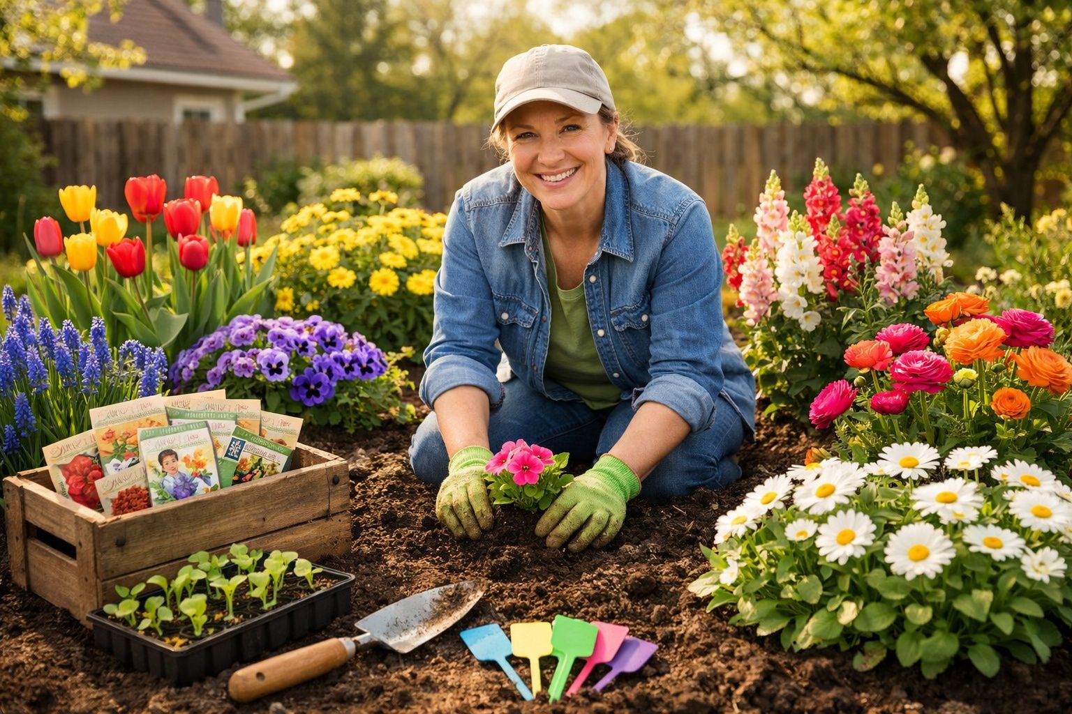 Mulher sorridente com luvas plantando flores em jardim florido em dia ensolarado.