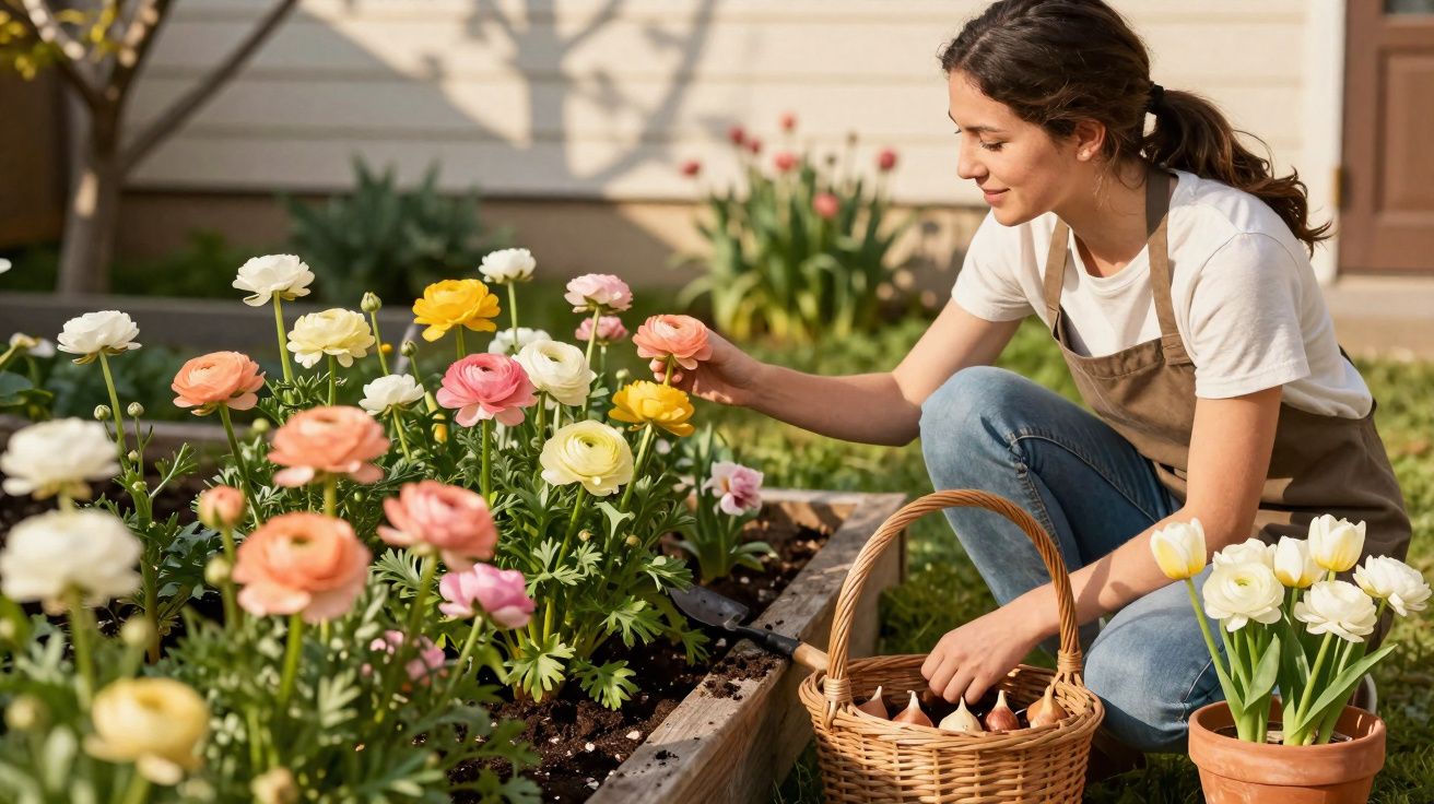 Mulher cuidando de flores coloridas em canteiro de jardim durante o dia ensolarado.