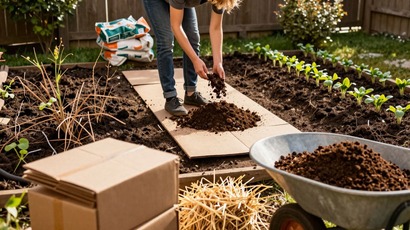 Pessoa preparando o solo de horta orgânica com terra, caixas de papelão e carrinho de mão no jardim.