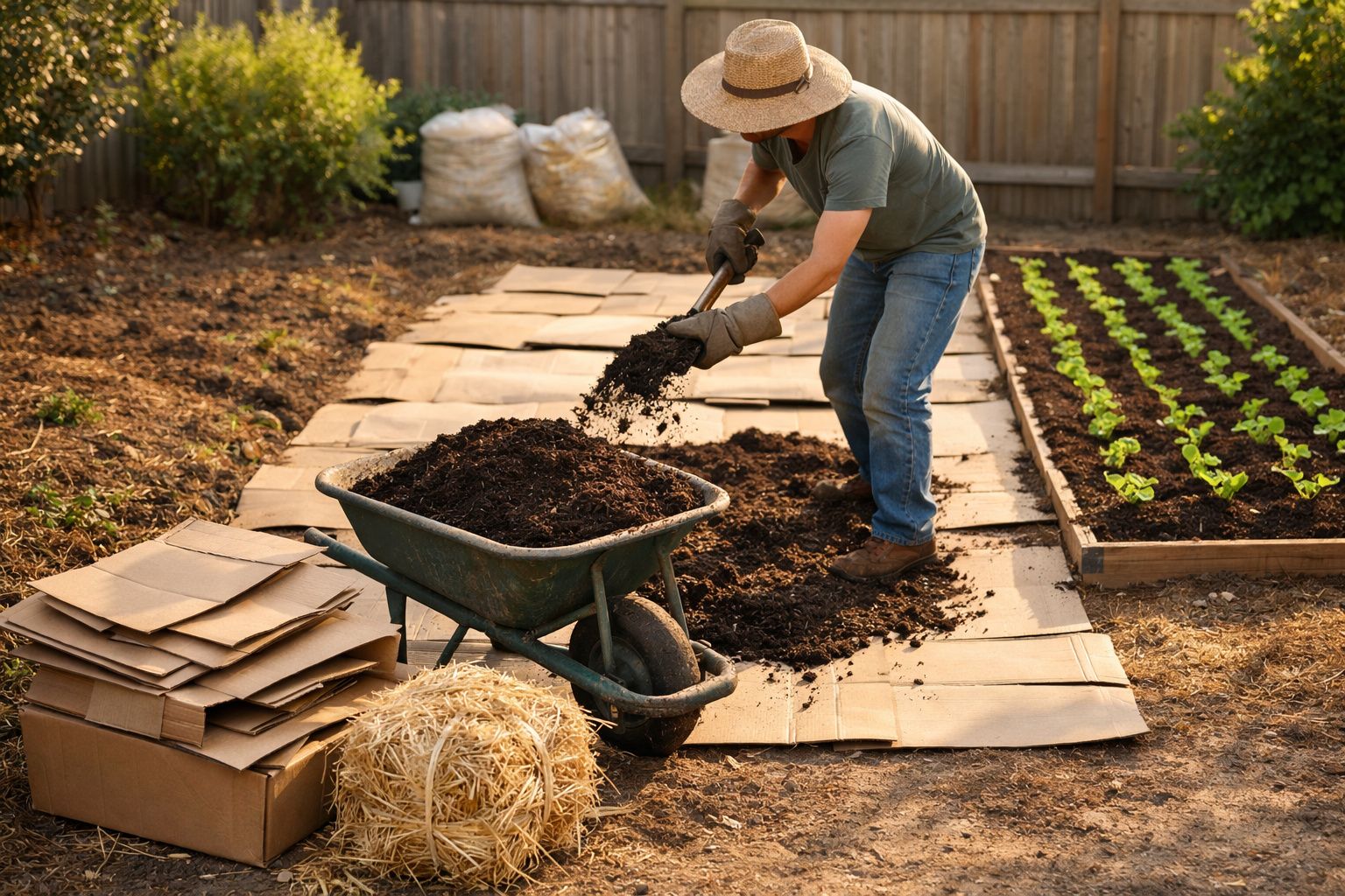 Pessoa com chapéu preparando canteiro de horta com terra e papelão, ao lado de plantação de alface.