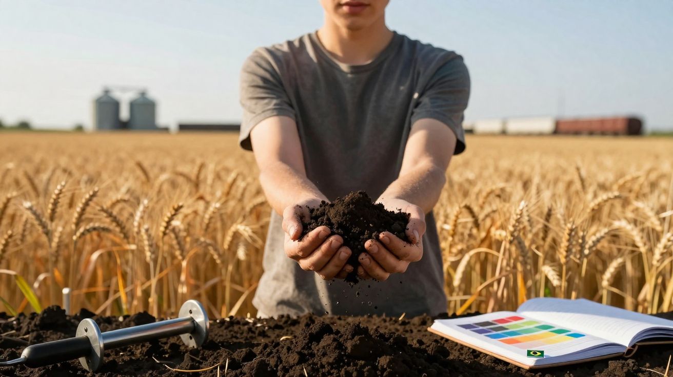Pessoa segurando terra fértil em campo de trigo com amostras e livro aberto sobre solo.