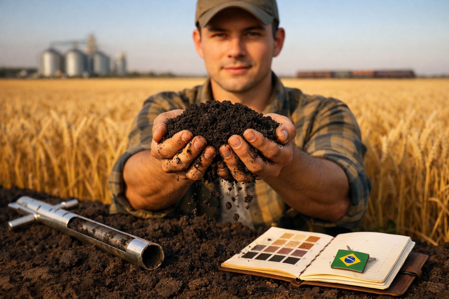 Agricultor segurando terra fértil com campo de trigo e equipamentos agrícolas ao fundo.