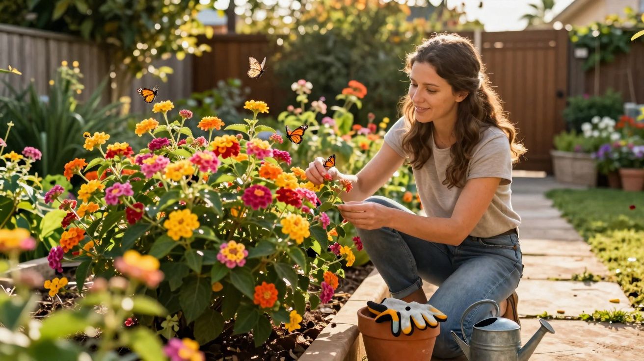 Mulher cuidando de flores coloridas em jardim ensolarado com borboletas pousando nas flores.