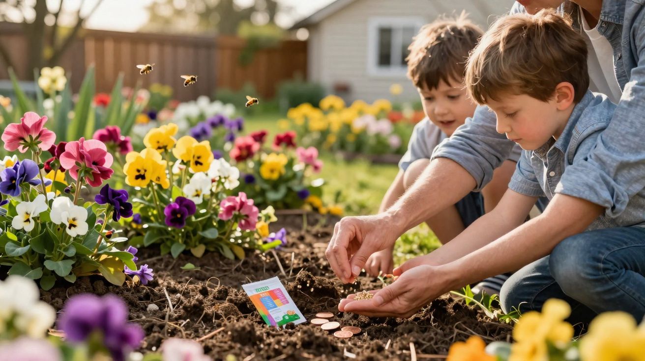 Adulto e duas crianças plantando sementes em um jardim florido com abelhas voando ao redor.