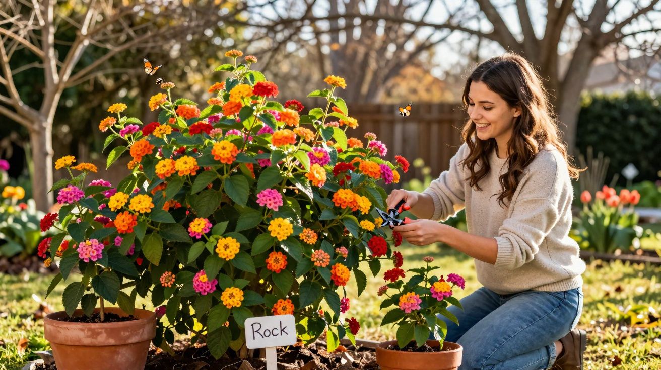 Mulher sorrindo cuidando de flores coloridas em um jardim ao ar livre durante o dia.