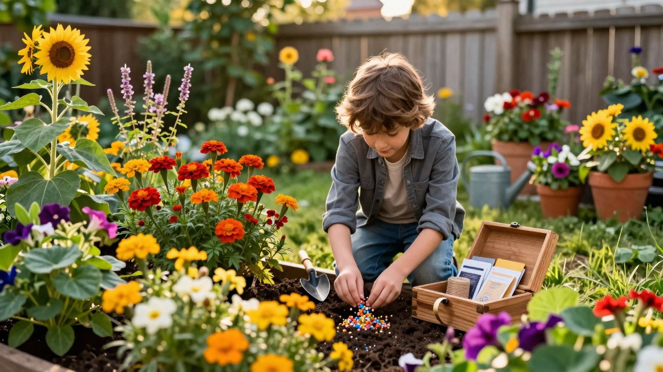Criança plantando sementes em canteiro de flores coloridas em jardim ensolarado.