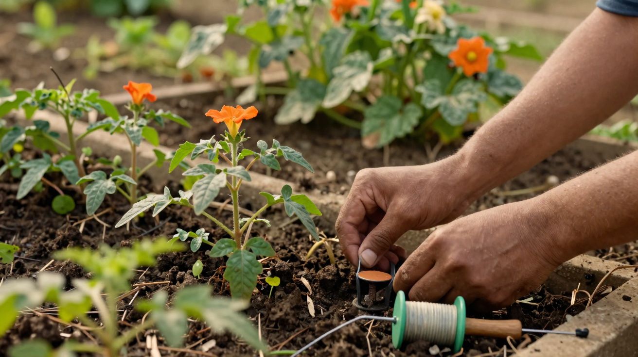 Mãos comuns plantando flores laranjas em solo fértil com um rolo de linha branca ao lado.