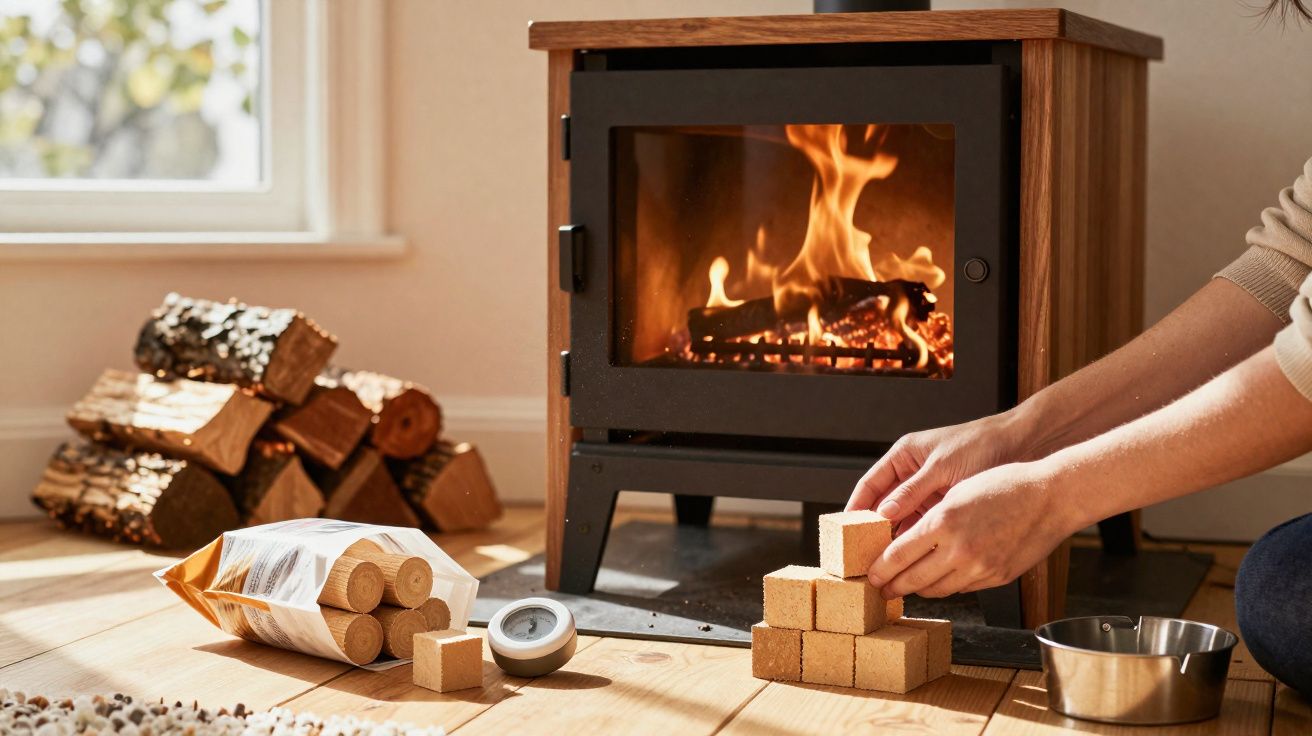 Pessoa montando blocos de combustão ao lado de lareira acesa em ambiente interno com madeira ao fundo.