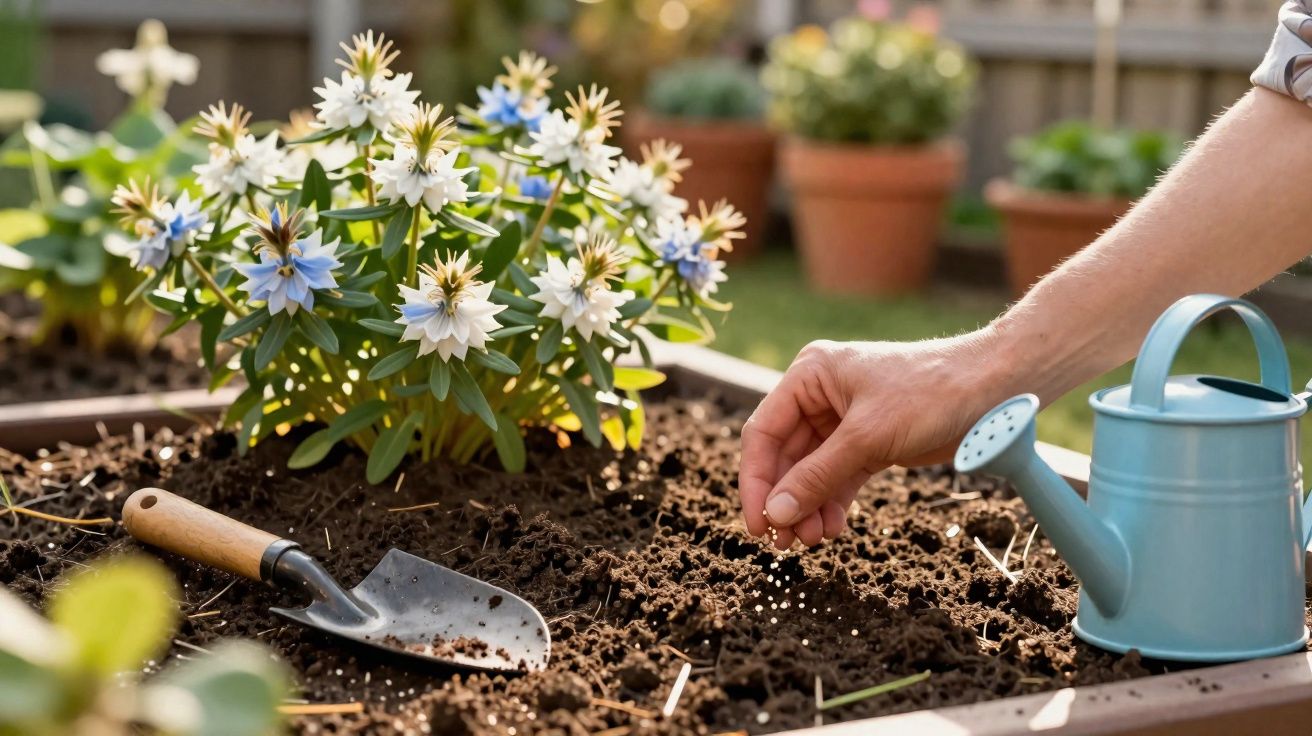 Pessoa plantando sementes em canteiro com flores brancas e azuis, regador azul e pá de jardinagem.