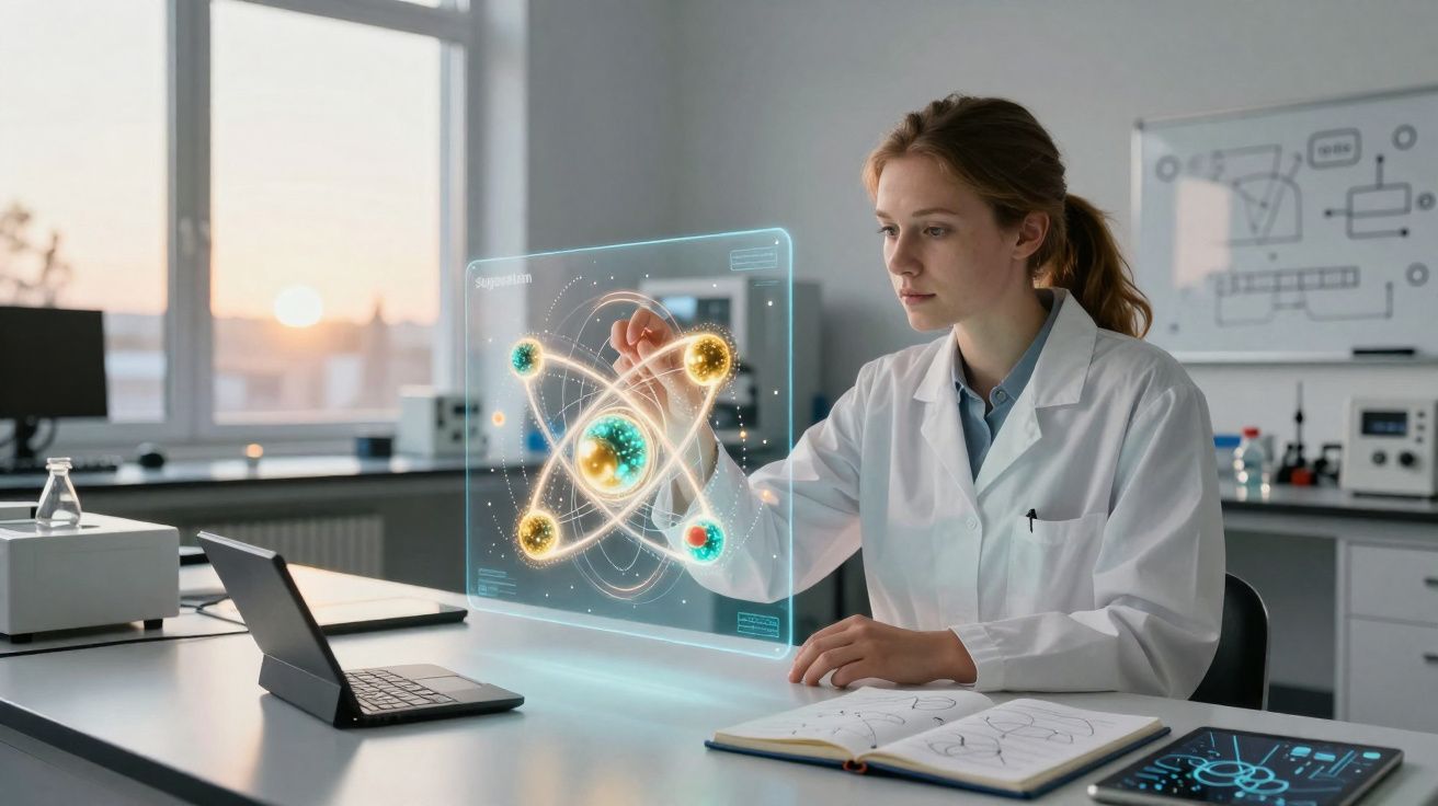 Mulher cientista em laboratório interage com modelo holográfico de átomos projetado na frente dela.