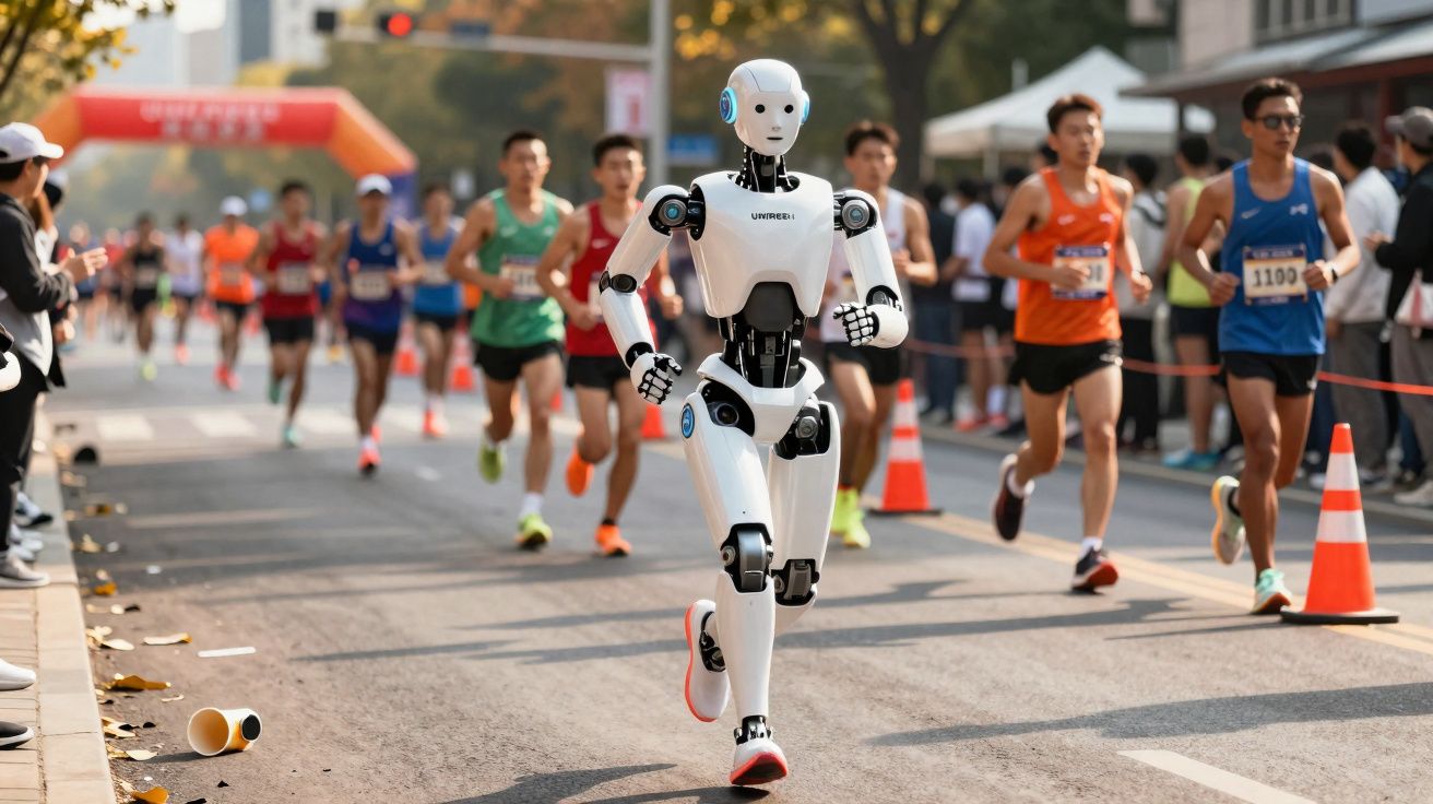 Robô branco correndo em maratona com outros corredores em dia ensolarado na cidade.