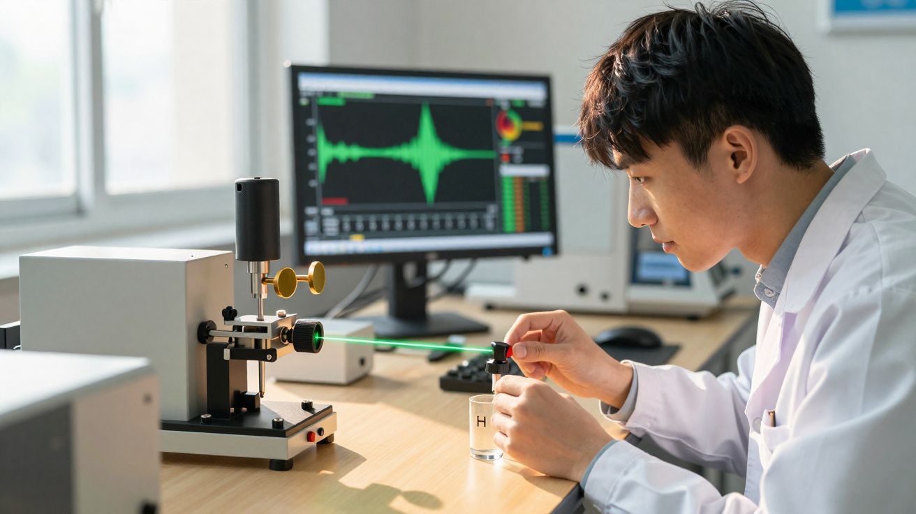 Cientista em laboratório usando equipamento com laser verde e analisando resultados no computador.