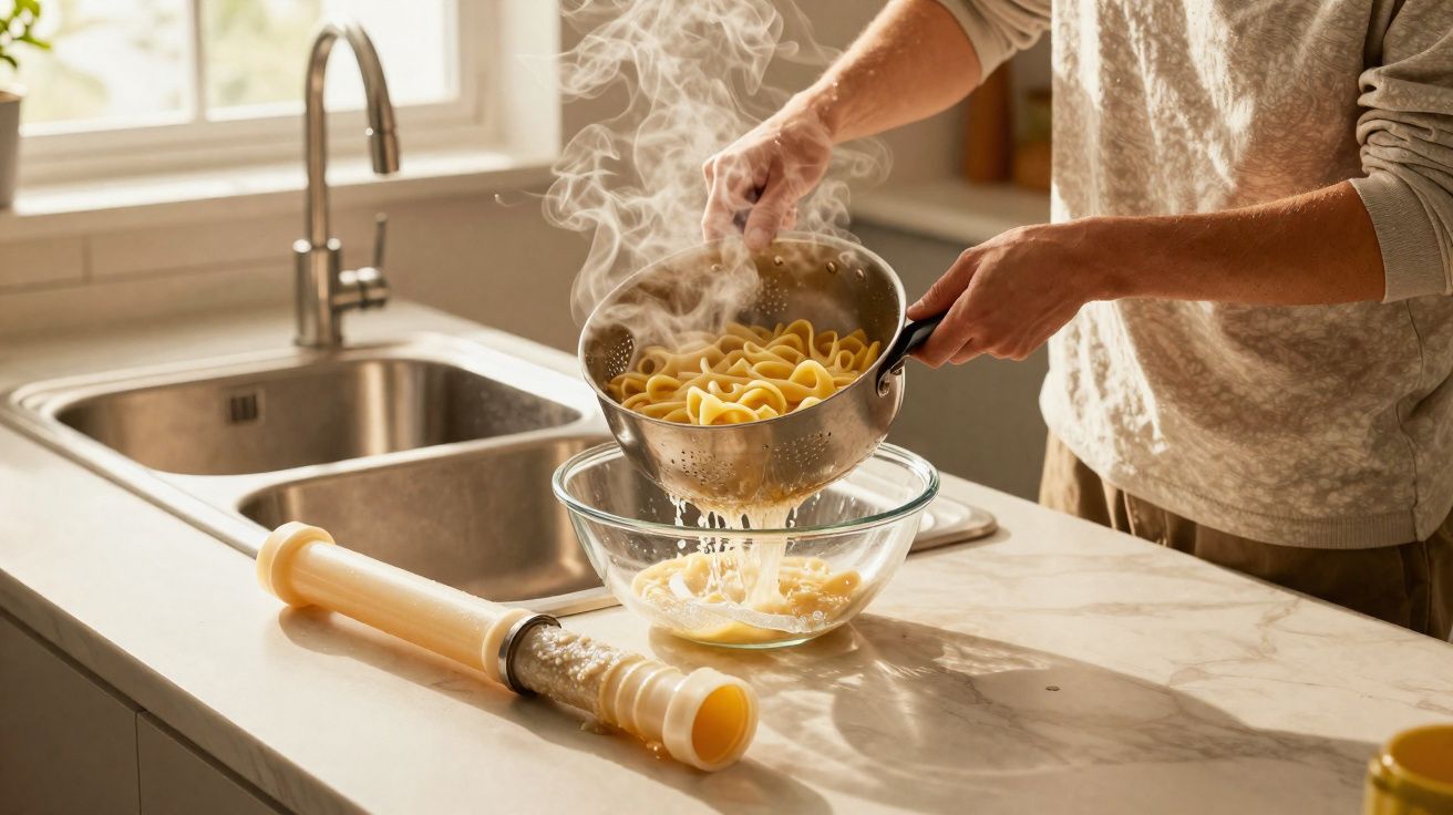 Pessoa escorrendo macarrão cozido em uma tigela de vidro na bancada da cozinha com luz natural.