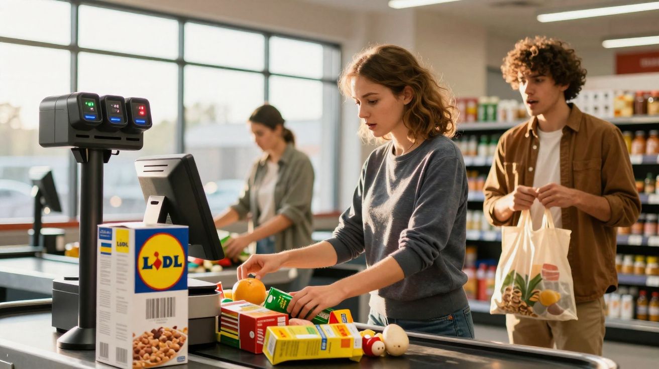 Mulher no caixa do supermercado Lidl passando compras no leitor, homem esperando atrás com sacola reutilizável.