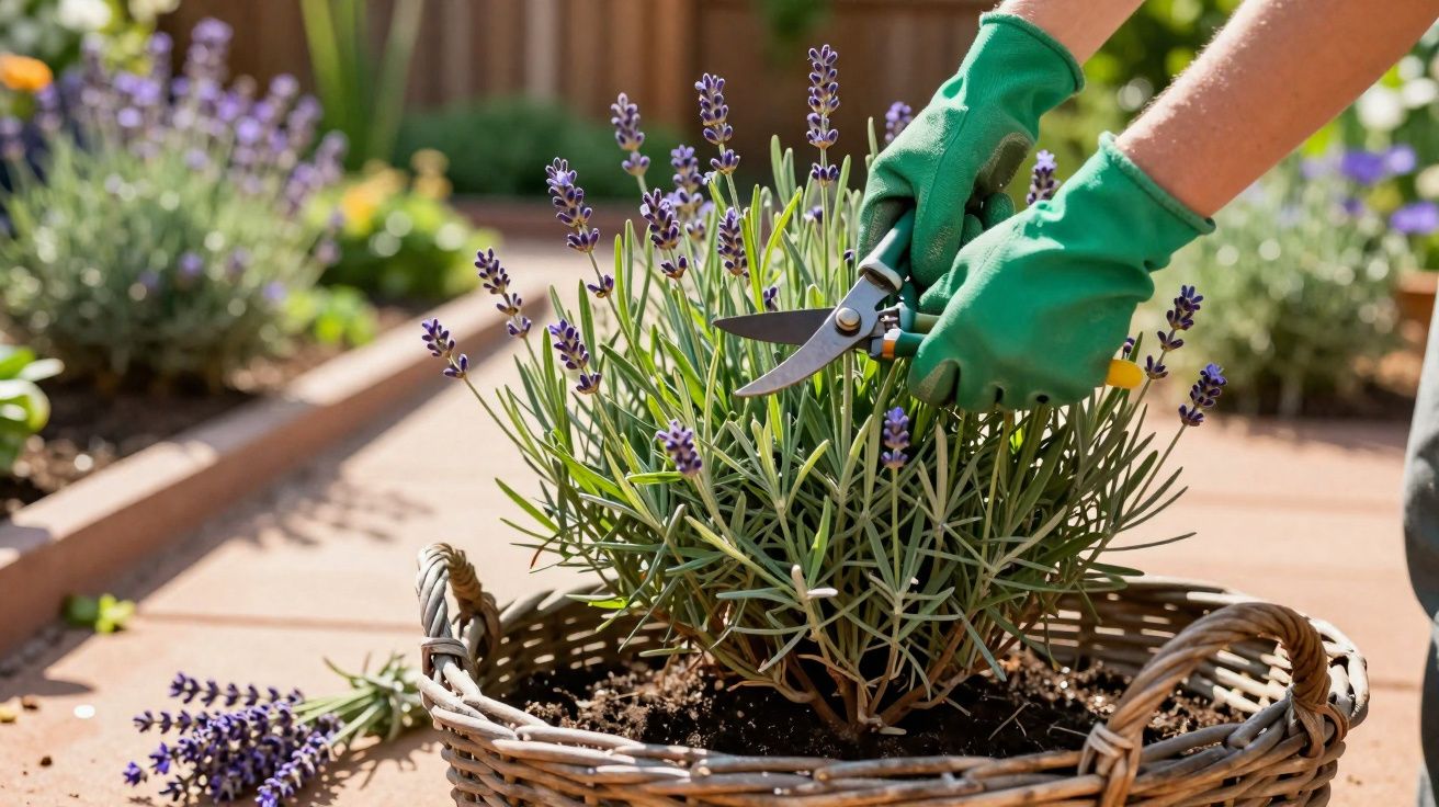 Pessoa com luvas verdes podando lavanda em cesta de vime em jardim ensolarado.