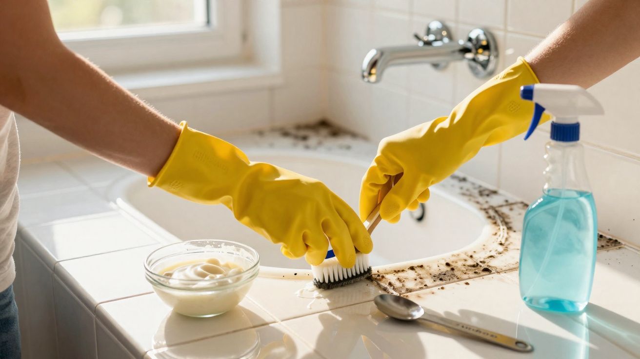 Pessoa com luvas amarelas limpando sujeira preta em torno da pia do banheiro com escova e produto de limpeza.