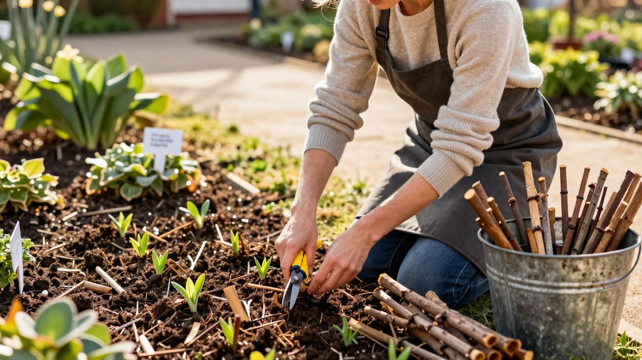 Pessoa cuidando de mudas em jardim, podando com tesoura e comvariedade de galhos ao lado em balde metálico.