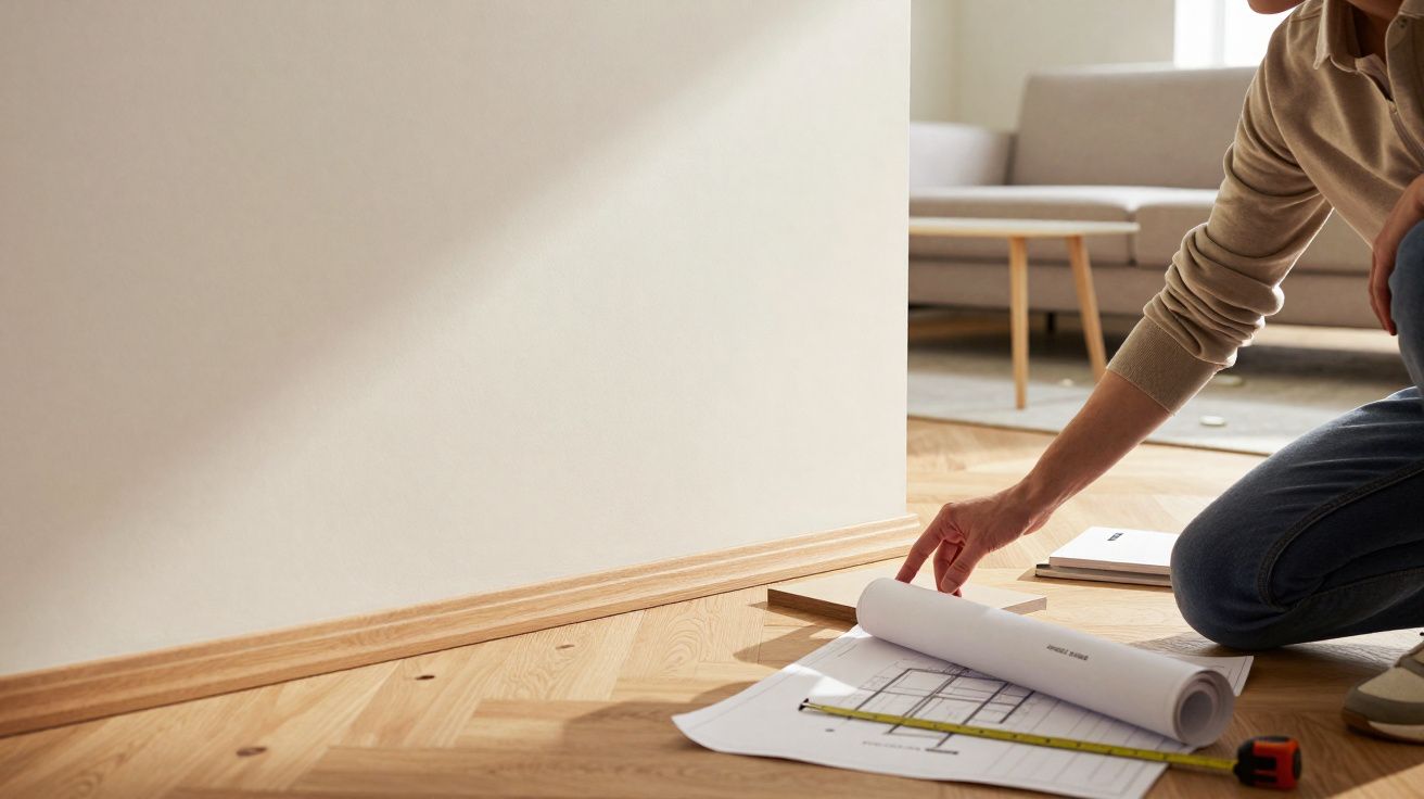 Pessoa examinando plantas arquitetônicas no chão de madeira em ambiente interno.