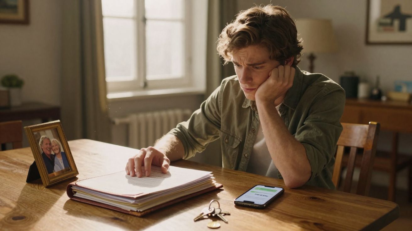 Jovem sentado à mesa, preocupado, olhando documentos, com celular e chave ao lado, perto de quadro com foto de idosos.