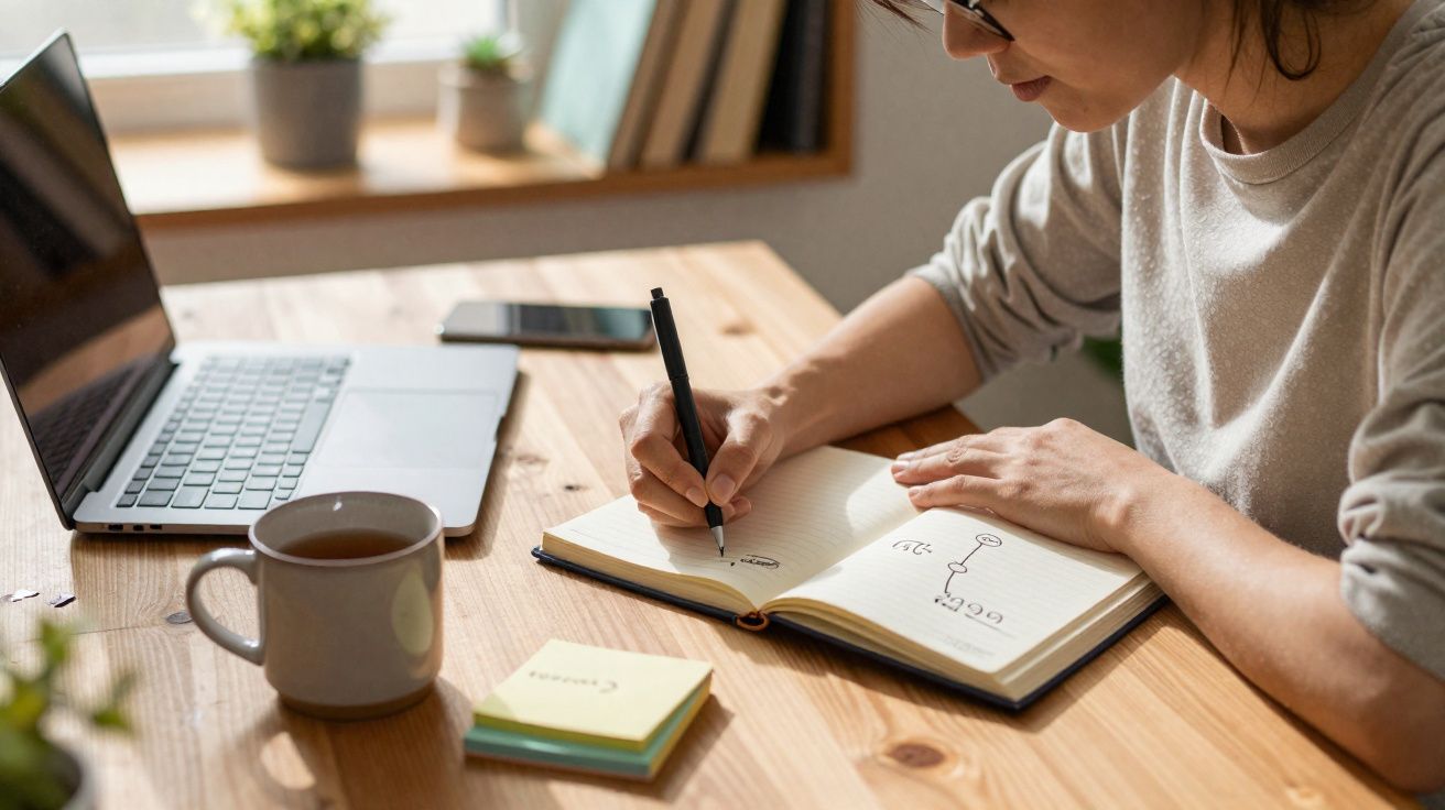 Pessoa escrevendo em caderno ao lado de laptop, celular, xícara de chá e bloco de notas sobre mesa de madeira.