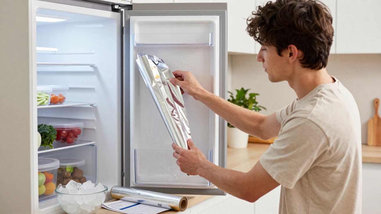 Homem segurando papel alumínio na porta aberta da geladeira em cozinha moderna.