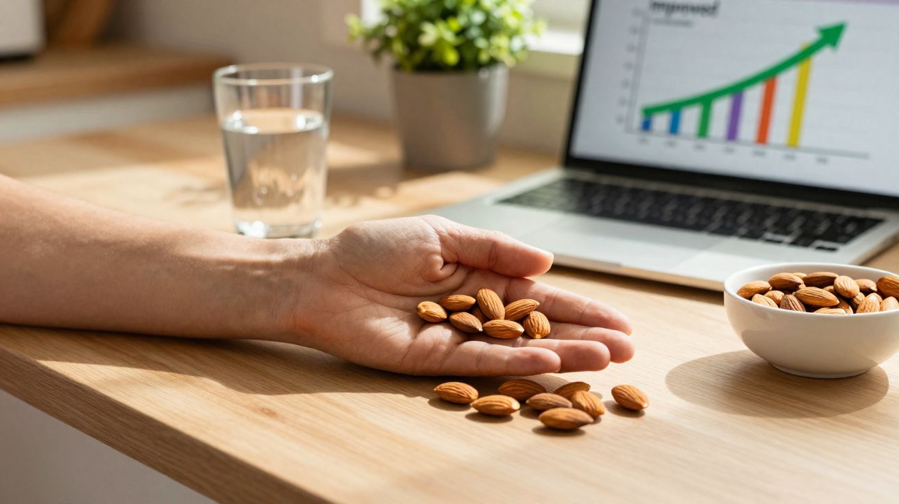 Mão segurando amêndoas sobre mesa com copo de água, bowl com amêndoas e laptop com gráfico crescente.