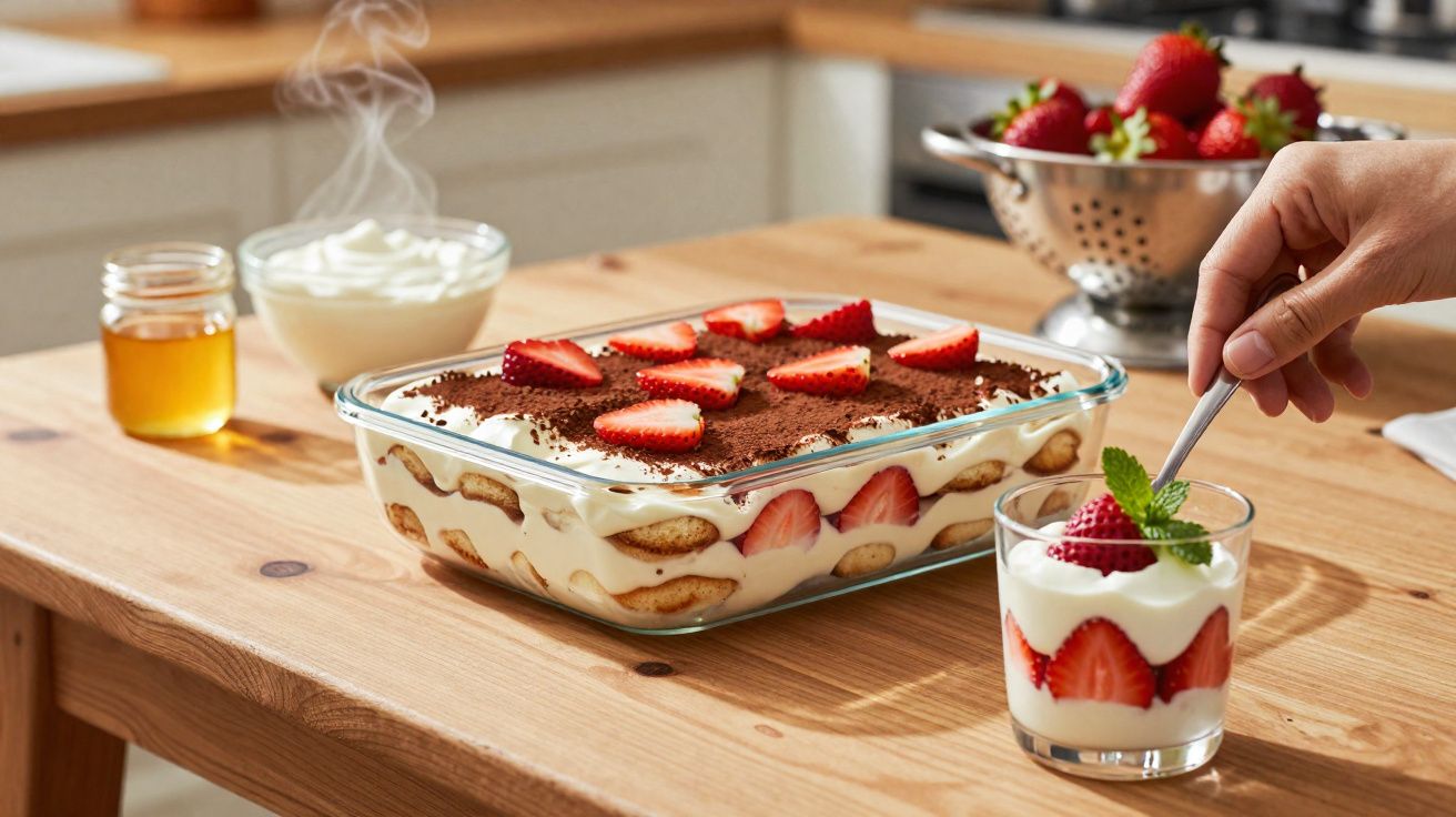 Sobremesa de morango com creme em tigela de vidro e porção servida em copo transparente com mão segurando colher.