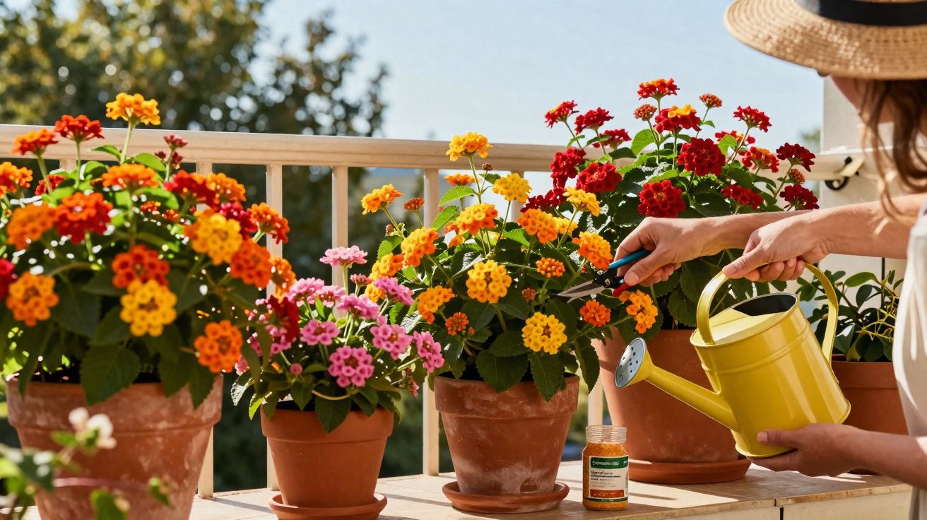 Pessoa regando e podando flores coloridas em vasos de barro ao ar livre em dia ensolarado.