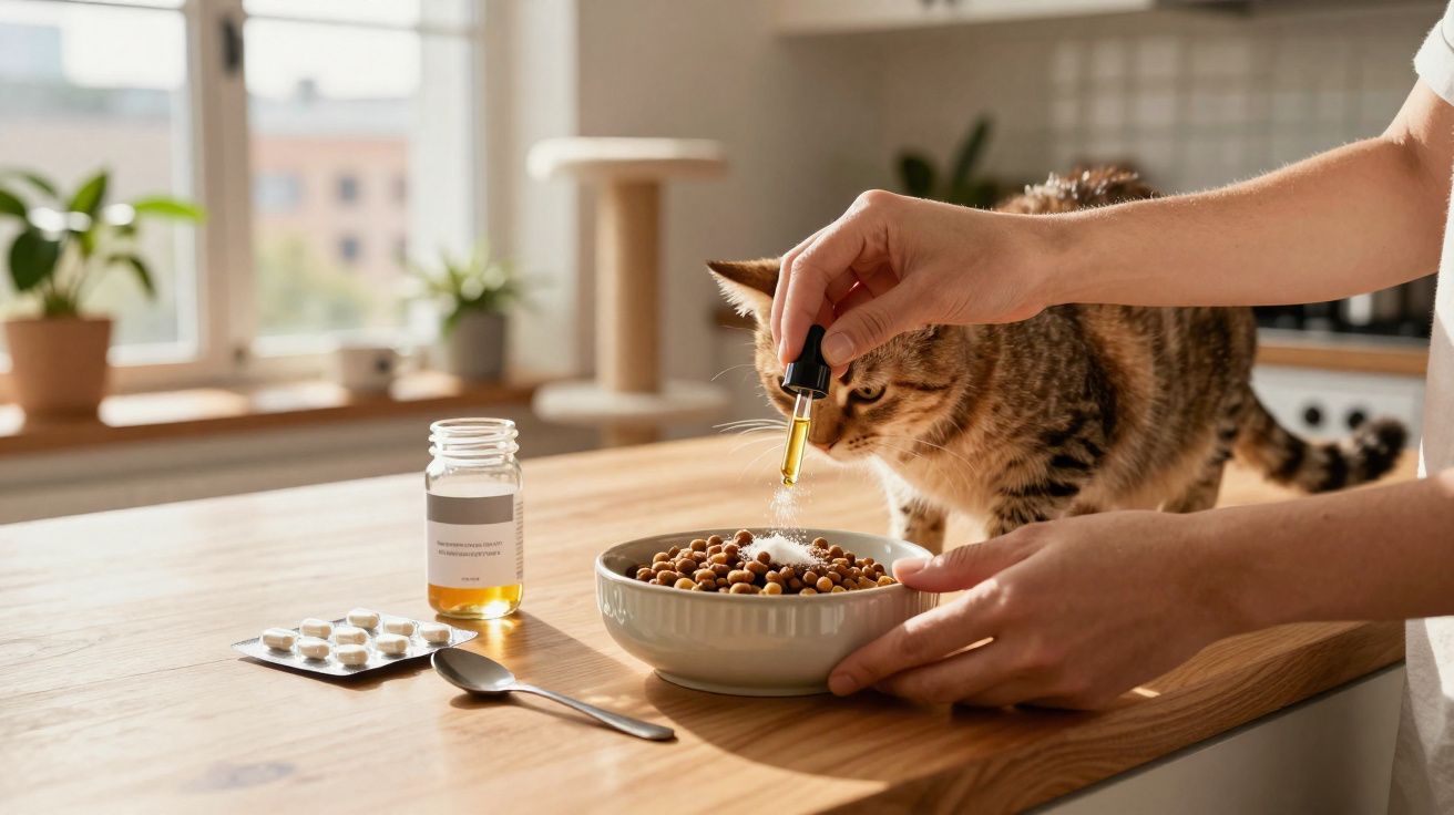 Pessoa pingando medicamento em comida de gato sobre mesa com remédios e gato curioso.