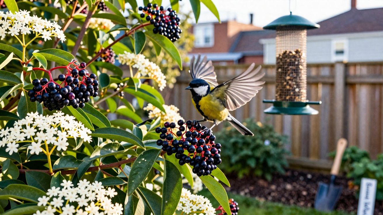 Pássaro amarelo em voo pousando em frutos negros com flores brancas ao fundo de jardim residencial.