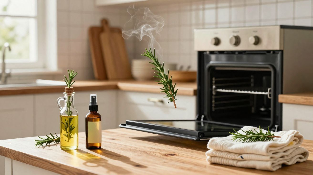 Cozinha com mesa de madeira, garrafas de óleo, alecrim, panos dobrados e forno aberto ao fundo.