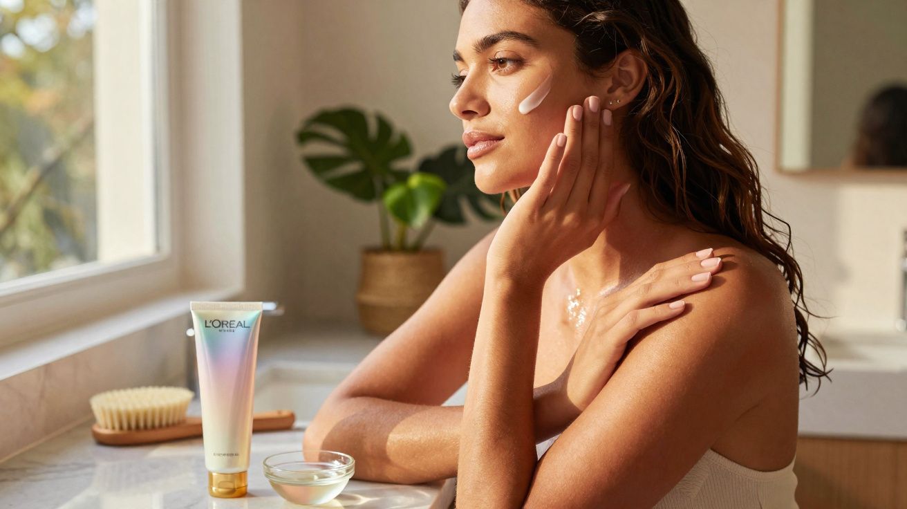 Mulher aplicando creme facial perto de janela, com planta e produtos de skincare sobre a bancada.
