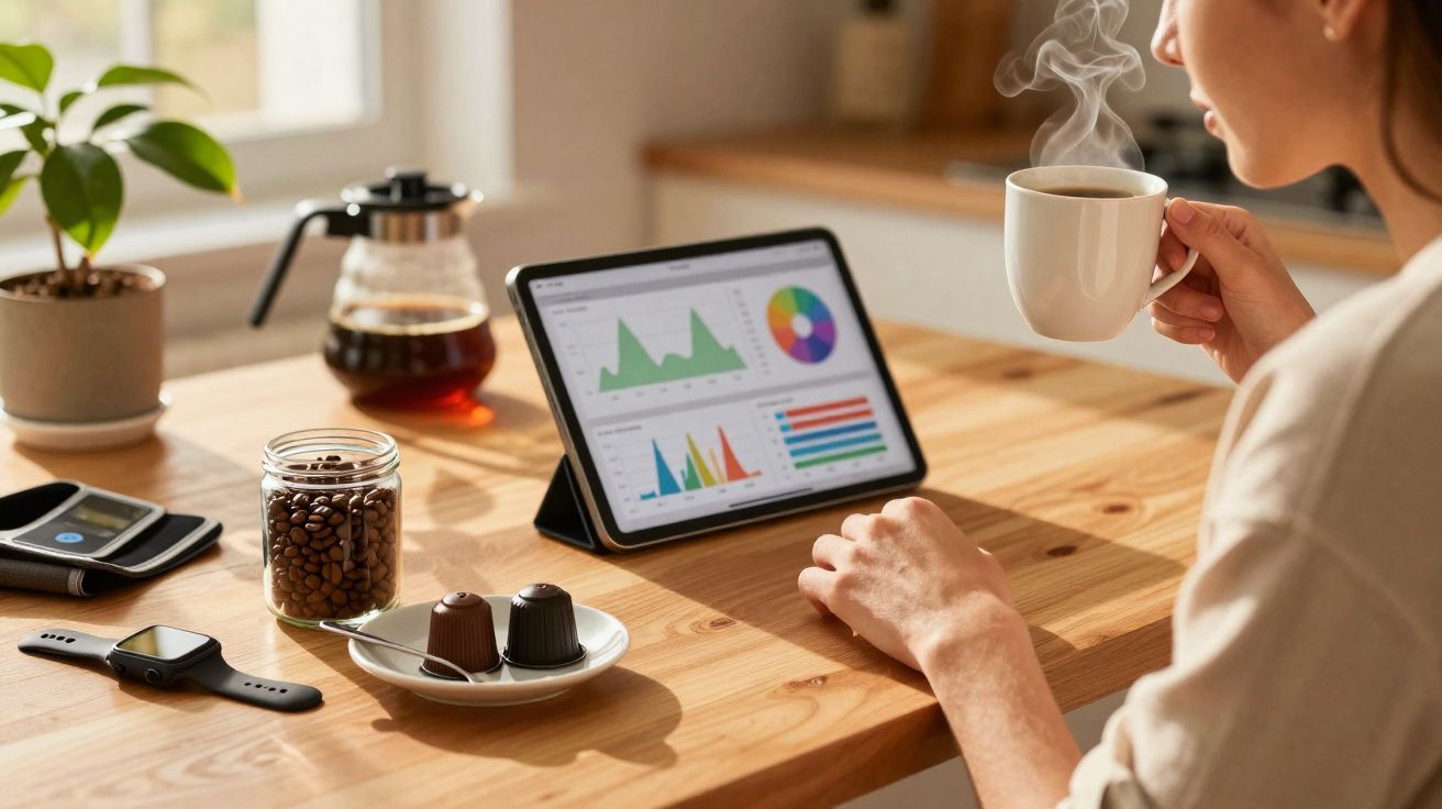 Pessoa segurando xícara de café quente enquanto analisa gráficos em tablet sobre mesa de madeira.