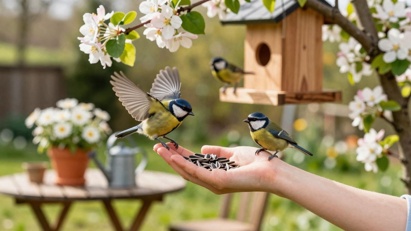 Mãos oferecendo sementes para pássaros coloridos em jardim com flores brancas e casinha de madeira.