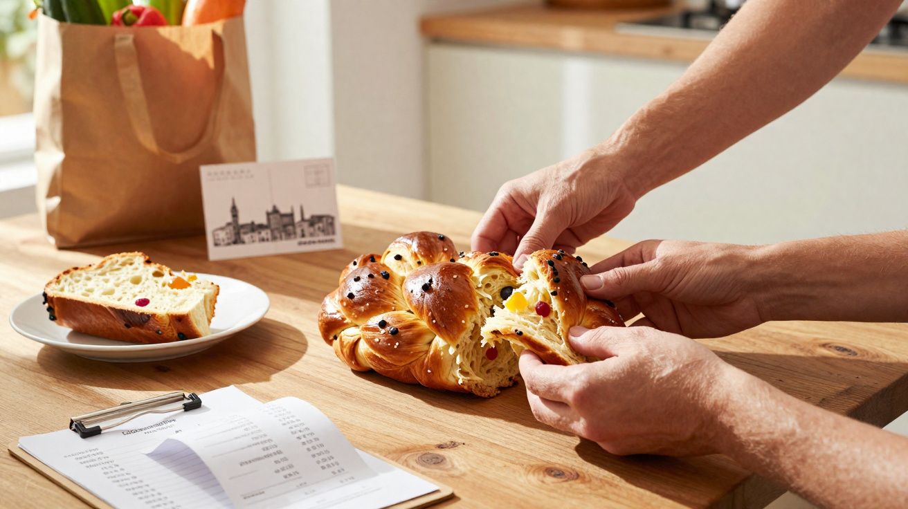 Pessoa partindo pão doce com frutas cristalizadas em mesa de madeira com lista de compras e sacola ao fundo