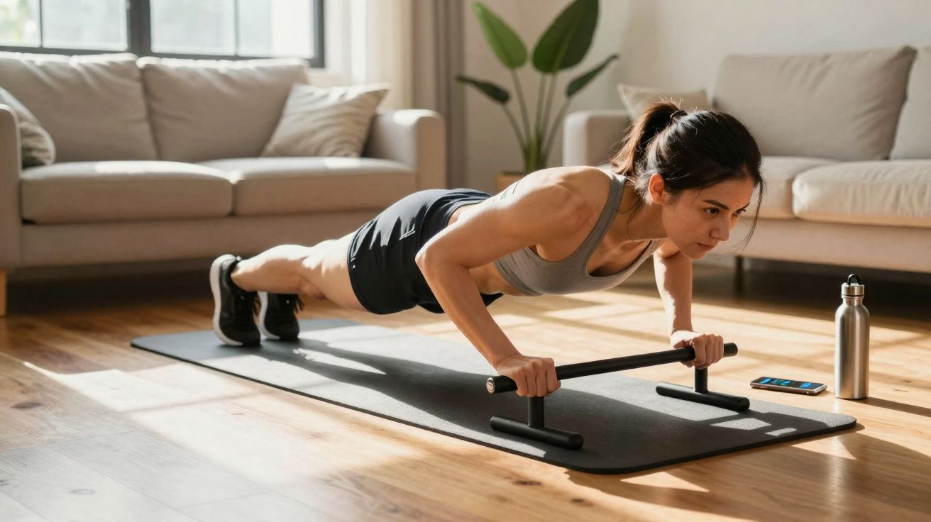 Mulher fazendo flexão com barra de apoio em tapete na sala com sofá ao fundo.