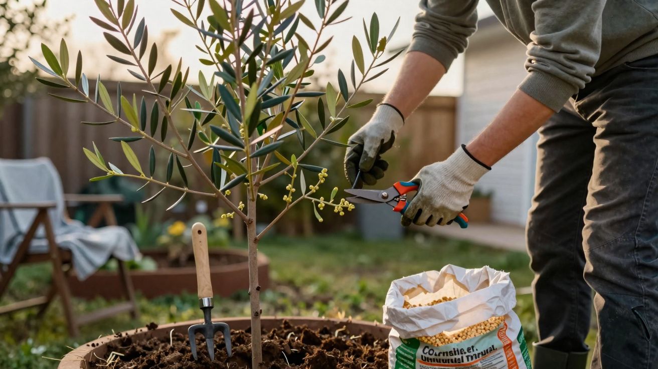Pessoa podando muda de oliveira em vaso grande com ferramentas e fertilizante ao redor.