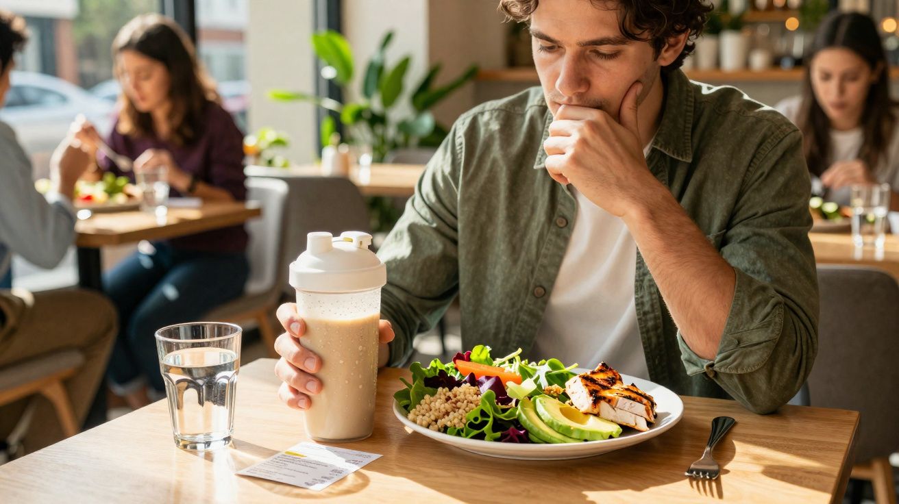 Homem pensativo com shake e prato de salada com abacate, frango grelhado e vegetais em restaurante.