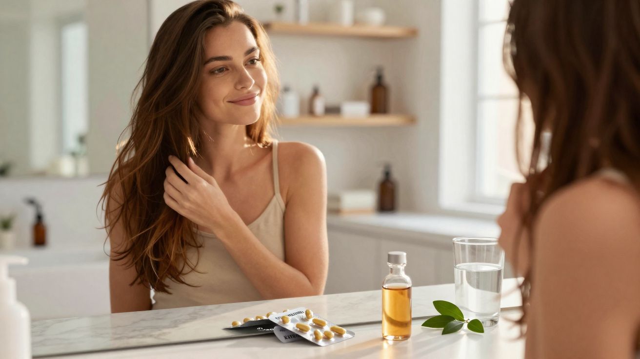 Mulher sorrindo e olhando no espelho enquanto segura cabelo em banheiro com remédios e vaso de planta à frente.