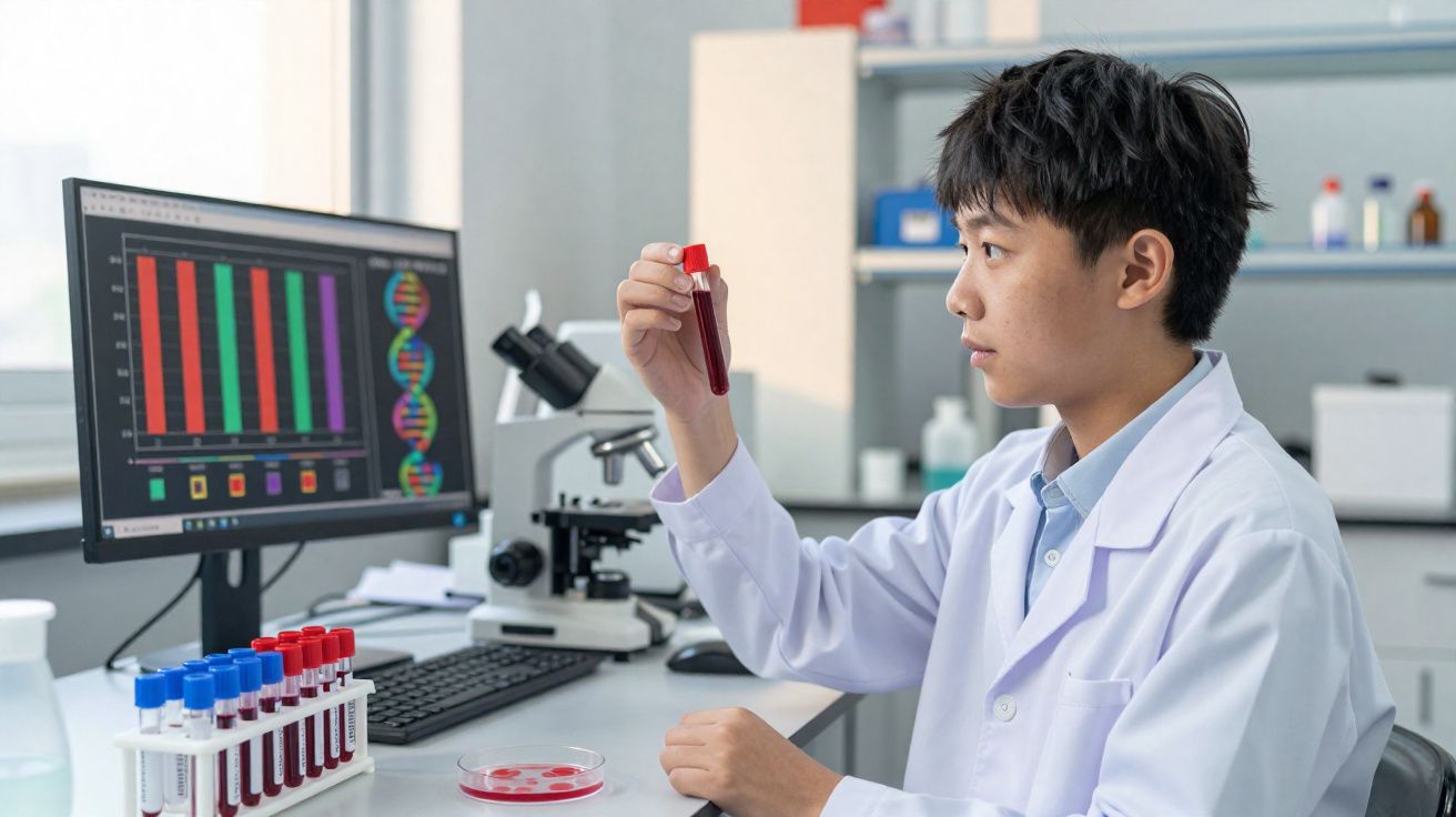 Cientista em laboratório segurando tubo de ensaio com sangue e analisando dados em computador.