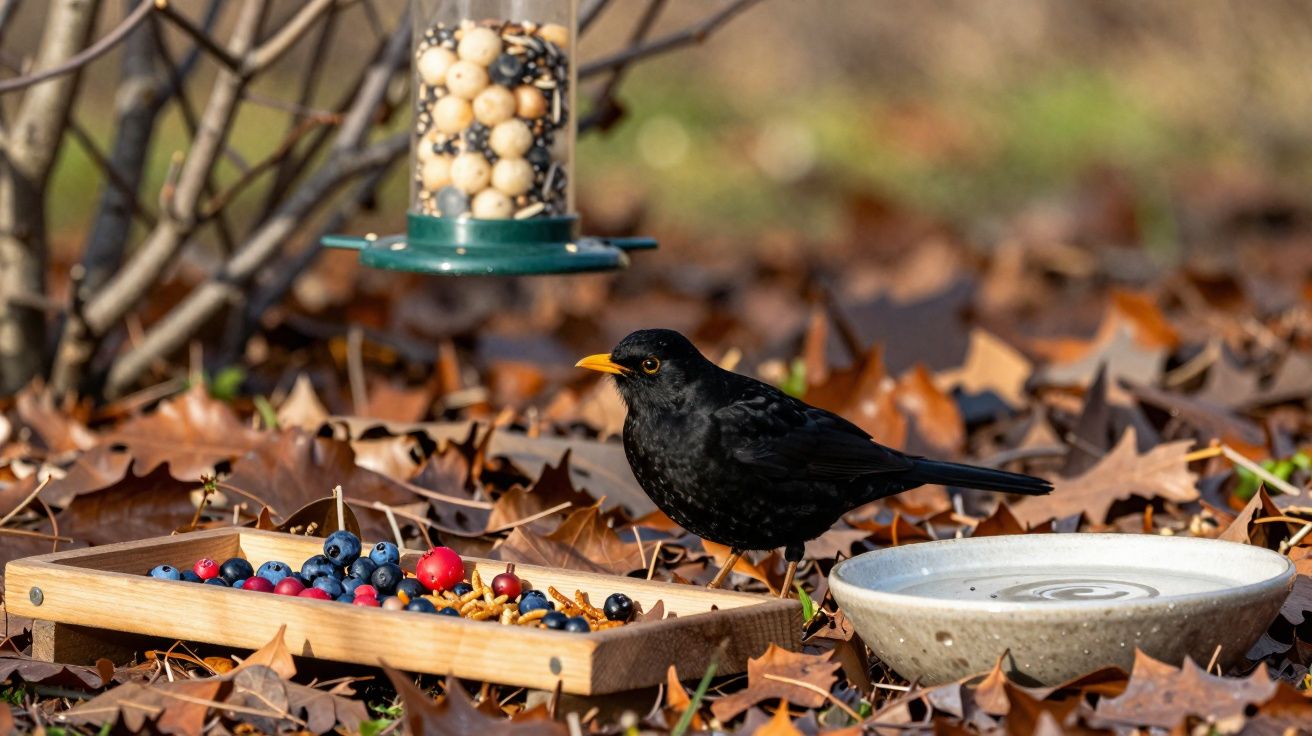 Pássaro preto com bico amarelo próximo a comedouro e prato em meio a folhas secas no chão.