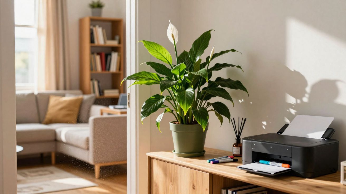 Planta em vaso sobre móvel de madeira ao lado de uma impressora em ambiente de sala iluminada pelo sol.