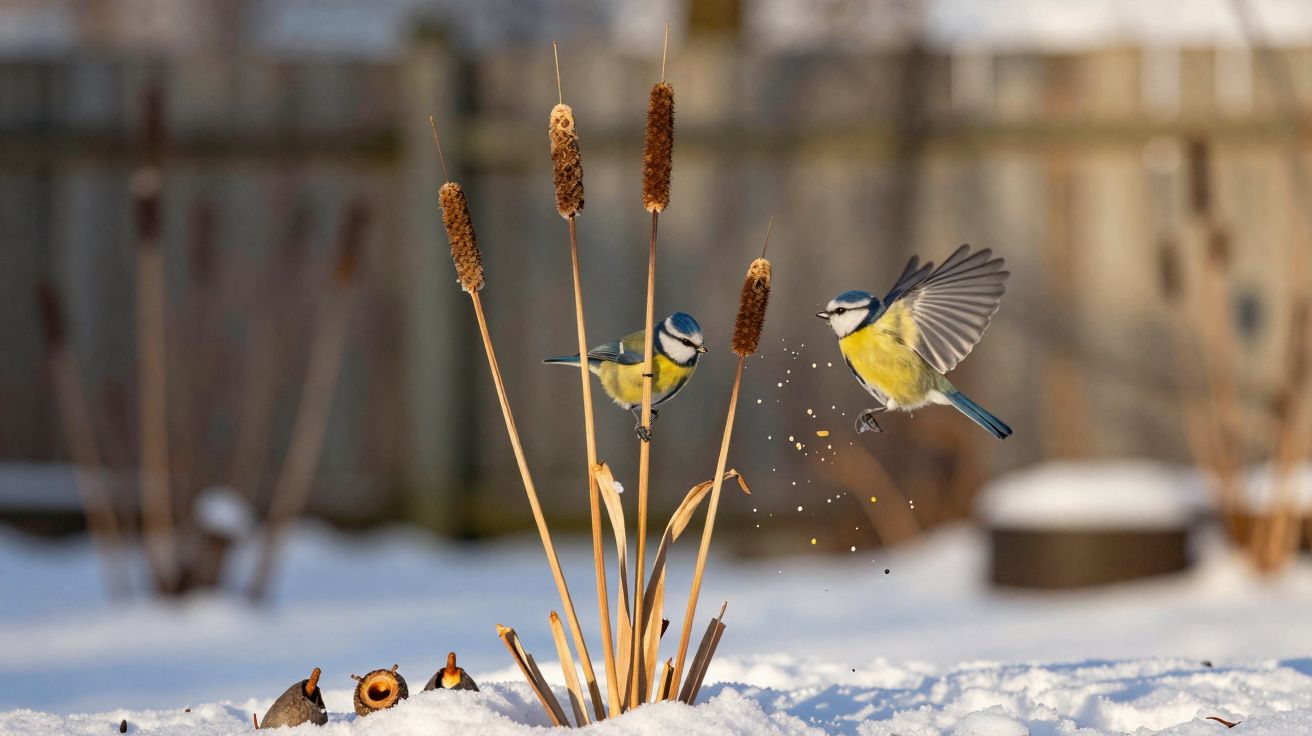 Dois pássaros coloridos próximos a plantas secas em meio à neve com fundo desfocado.