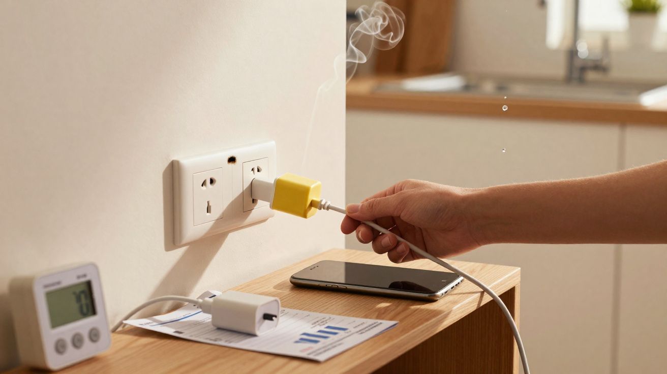 Mão conectando carregador amarelo em tomada com fumaça saindo, indicando risco de curto-circuito.