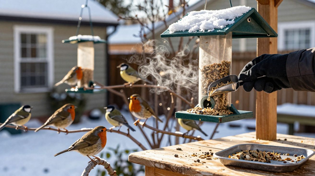 Mão com luva preta colocando sementes em comedouro para pássaros em jardim com neve.