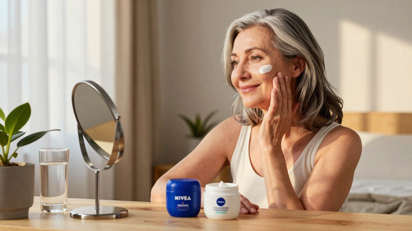 Mulher madura aplicando creme no rosto sentada à mesa com potes de Nivea e espelho à frente.