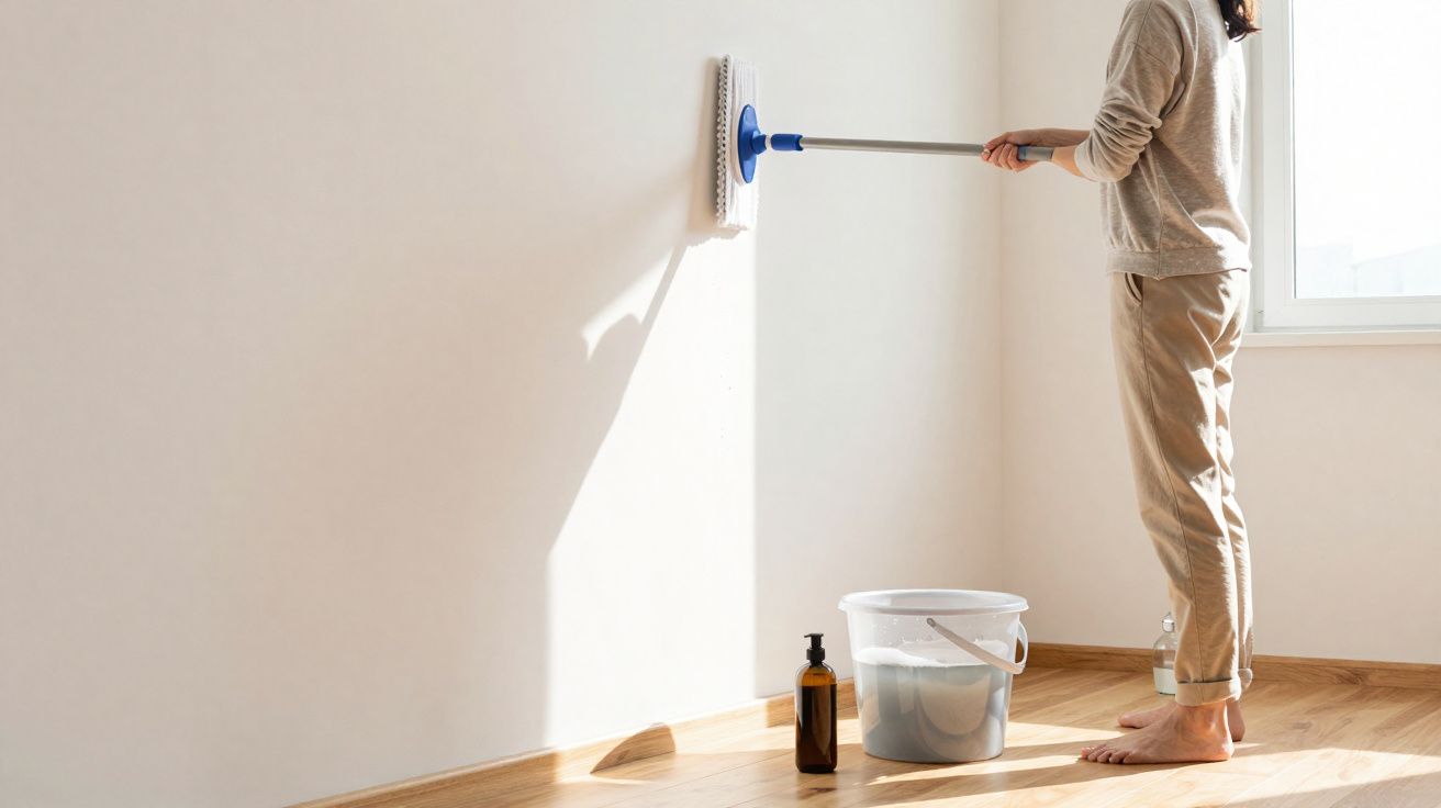 Pessoa limpando parede branca com esfregão em ambiente iluminado, com balde e frasco no chão.