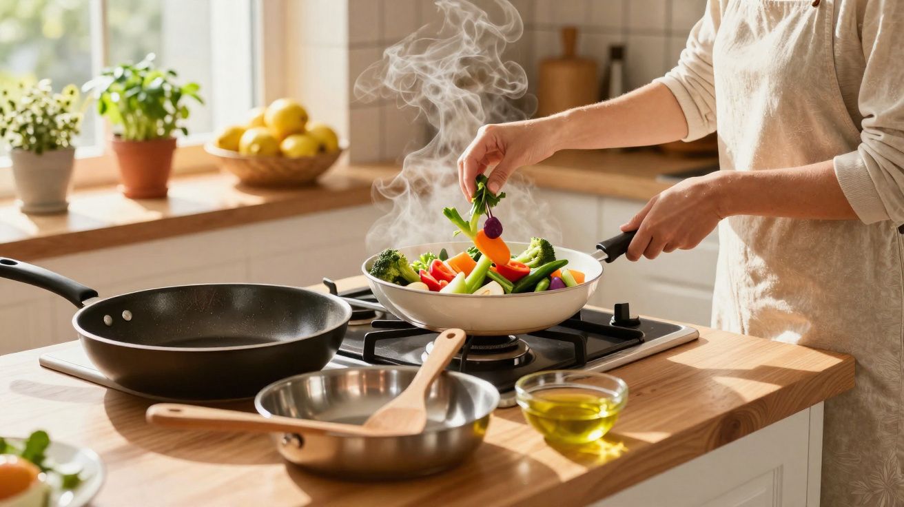 Pessoa cozinhando legumes frescos em frigideira branca sobre fogão a gás em cozinha iluminada.