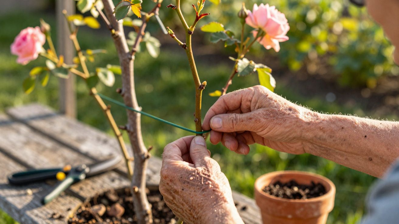 Mãos amarrando galho de rosa com fita verde em um jardim ensolarado com rosas cor de rosa ao fundo.