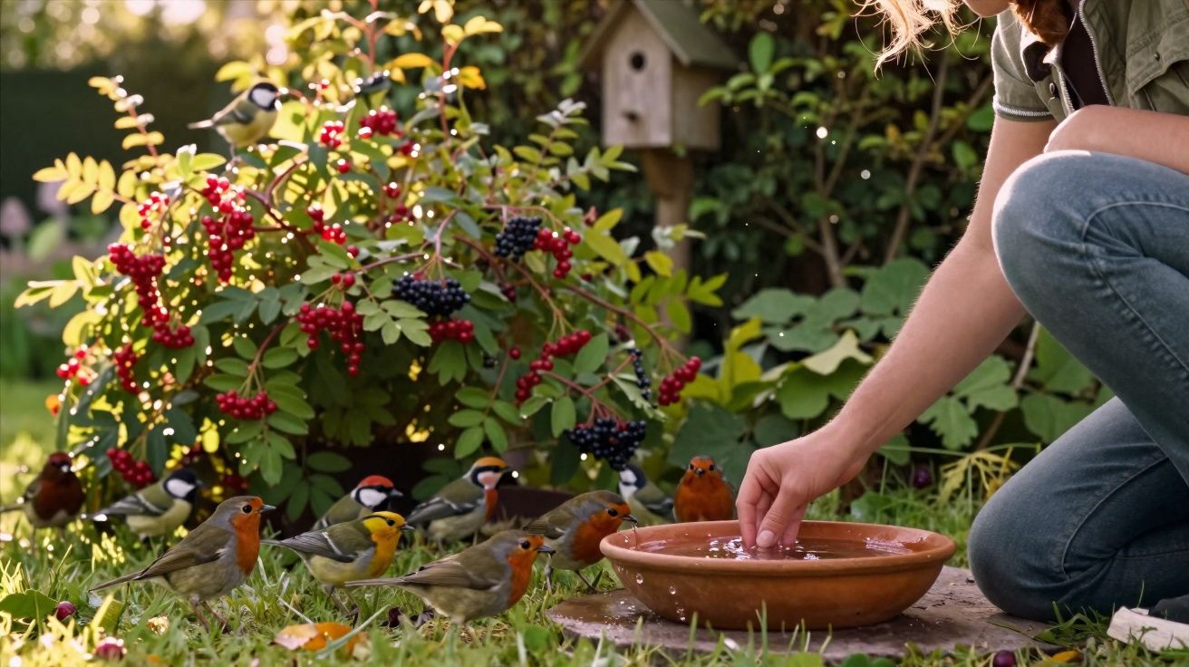 Pessoa alimentando pássaros coloridos perto de arbusto com frutas vermelhas em jardim ensolarado.